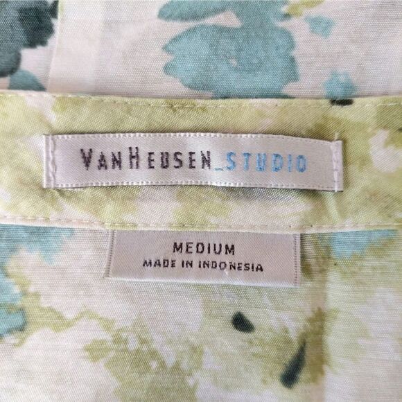 Van Heusen Artsy Watercolor Floral Smock Blouse Cap Sleeve Earthy Green Top Sz M - Picture 6 of 14